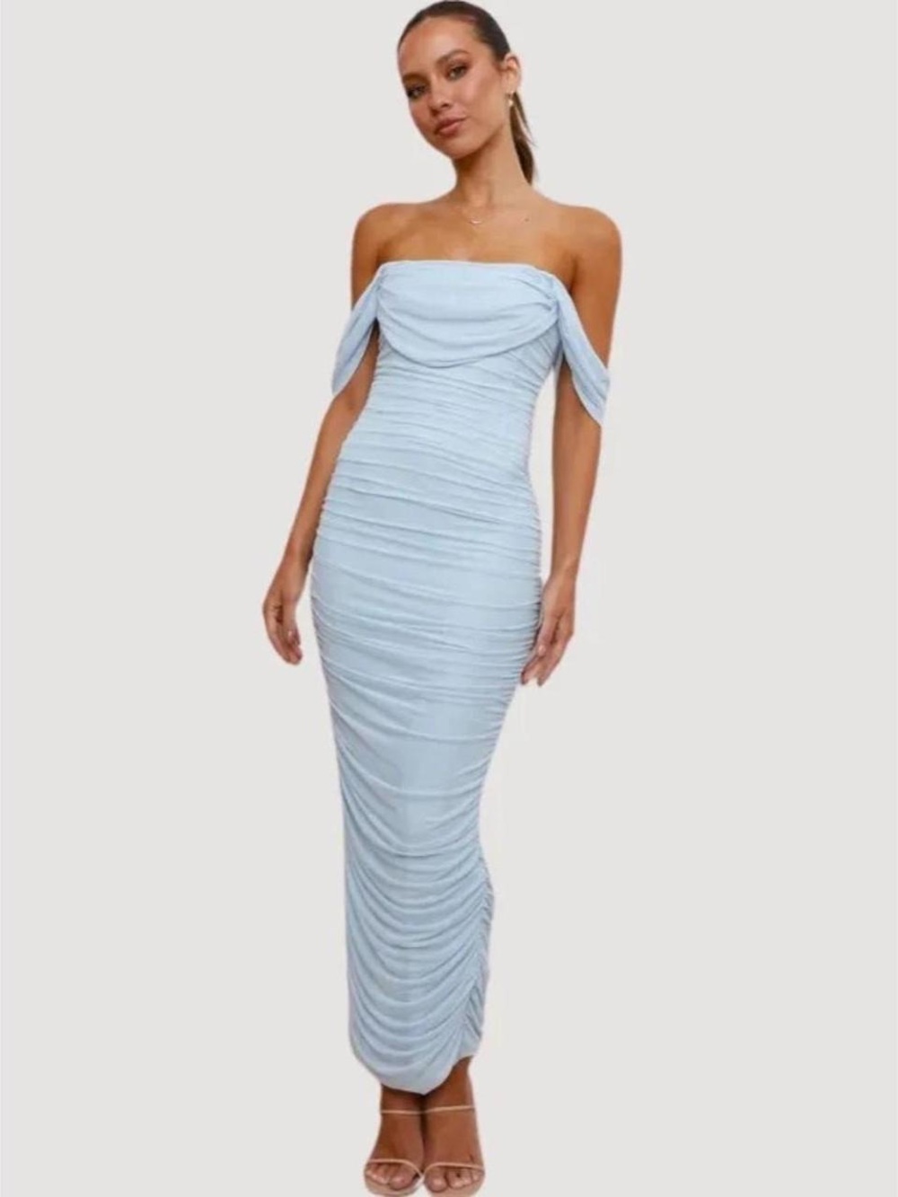 Billy J Elegant One-Shoulder Light Blue Ruched Maxi Dress US SIZE 6